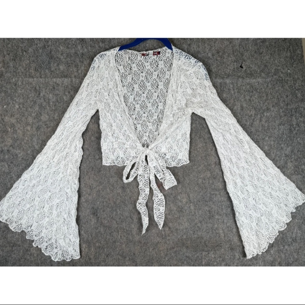 Women's White Lace Tie-Front Bell Sleeve Top